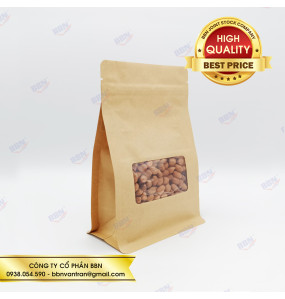 Túi đáy bằng zipper giấy kraft nâu cửa sổ (1kg)